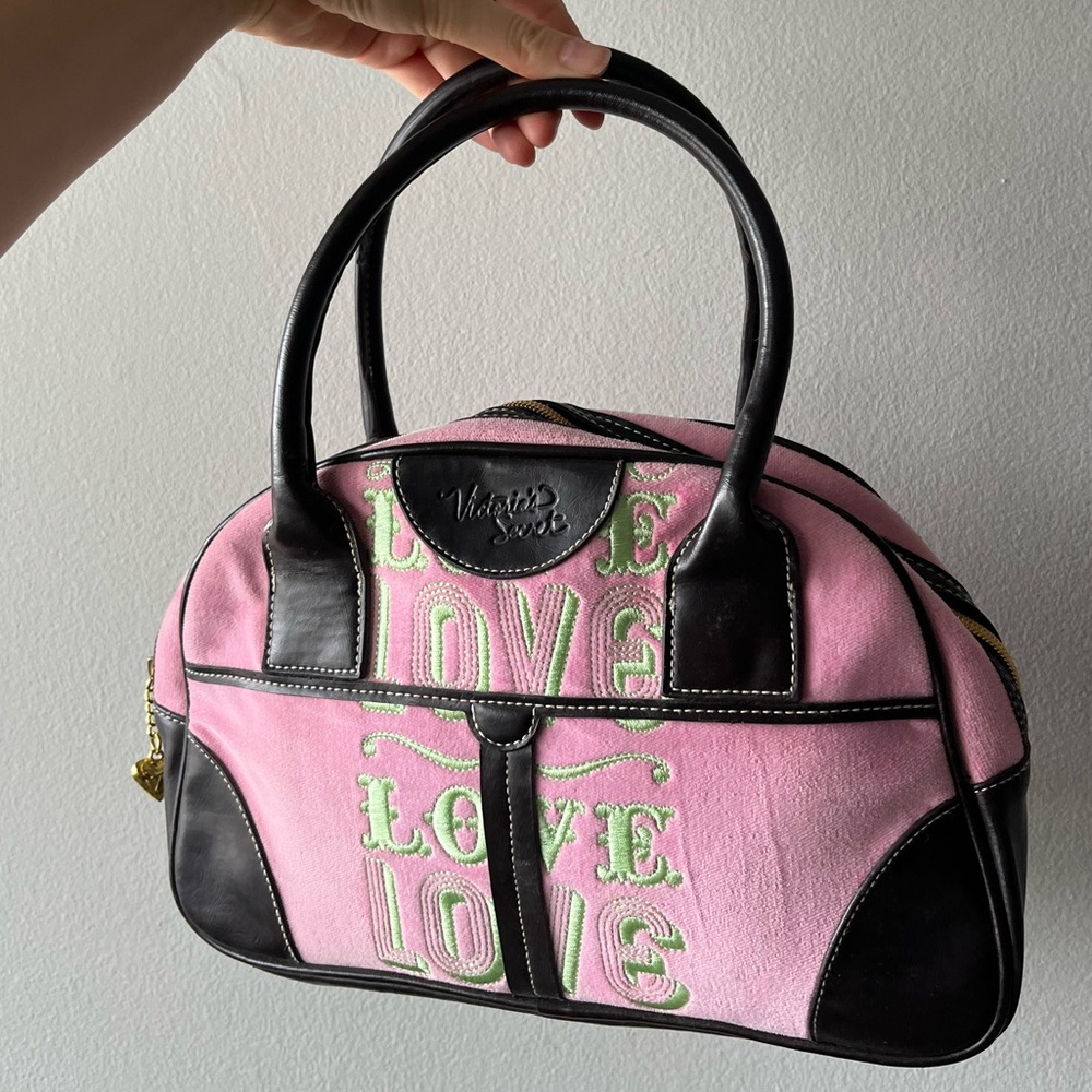Victoria's Secret Y2K tote features a pink velvety fabric with "LOVE" - Picture 1 of 7